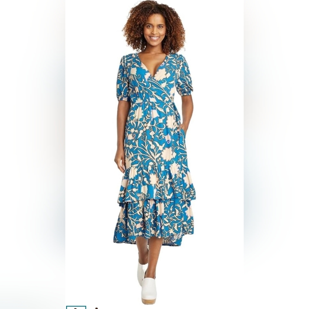 Knox Rose Women's Short Sleeve Wrap Midi Tiered Dress Floral Print Size XXL
